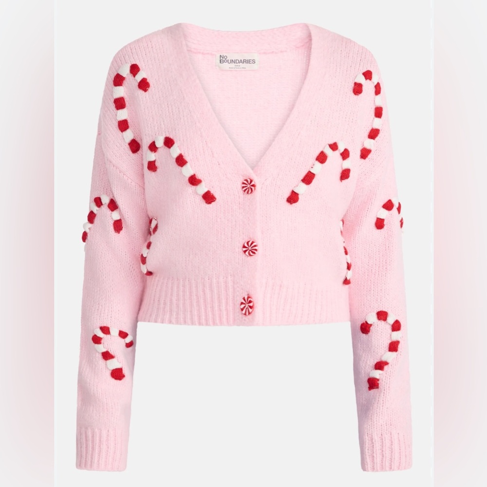 No Boundaries Pink Candy Cane Christmas Cardigan Sweater XS